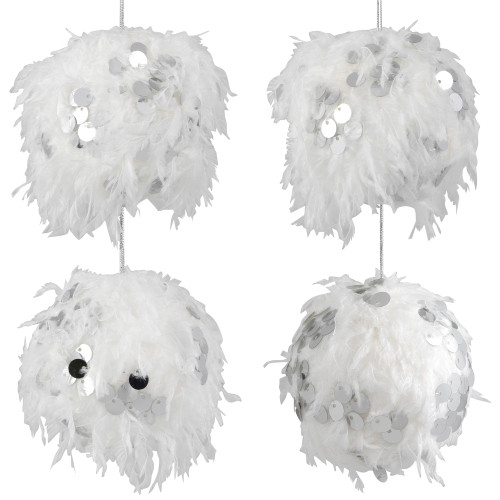 Feather Ball with Large Sequins Christmas Ornaments - 3.5" - White - Set of 4