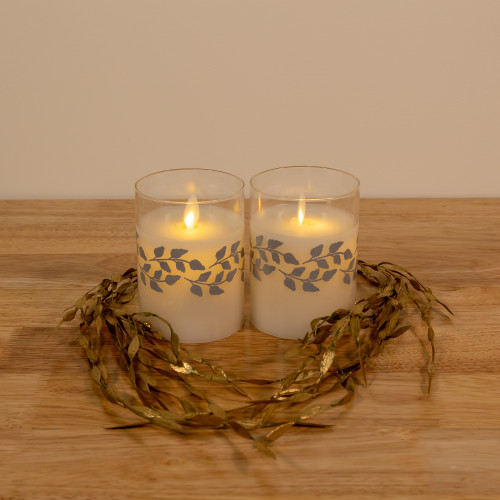 Battery Operated LED Glass Candles with Moving Flame, Silver Garland - Set of 2