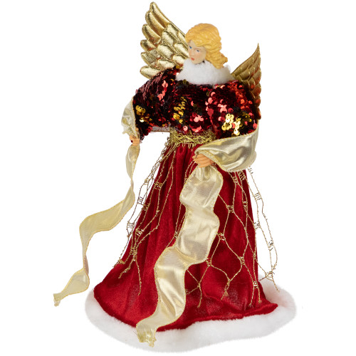 Metallic and Sequin Angel Christmas Tree Topper - 12" - Red and Gold - Unlit