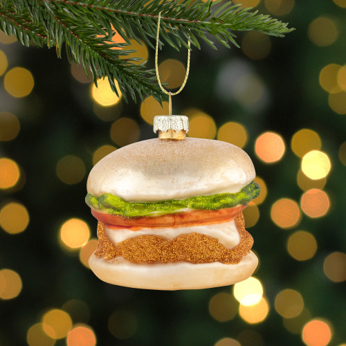 2.5" Glittered Golden Cheeseburger Glass Hanging Christmas Ornament