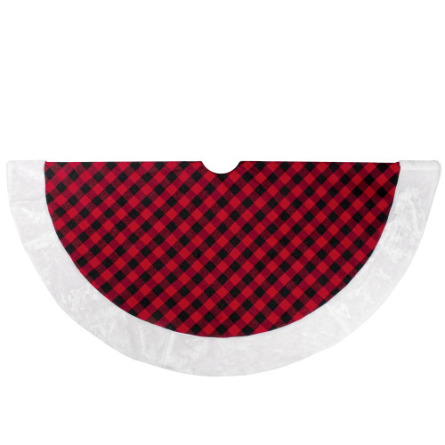 48" Red and Black Buffalo Plaid Christmas Tree Skirt with Faux Fur Trim