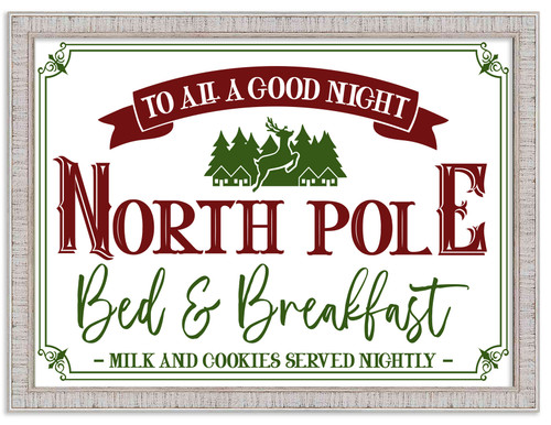 North Pole Bed and Breakfast 15" x 21.5" Framed Christmas Wall Decor Art Print Sign Poster in a White Wooden Frame with UV Acrylic and Hangers