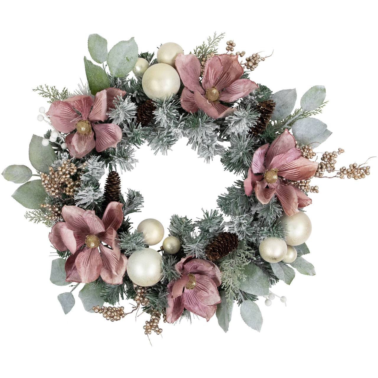 Pink Floral and Ball Ornament Frosted Pine Artificial Christmas Wreath, 24-Inch, Unlit