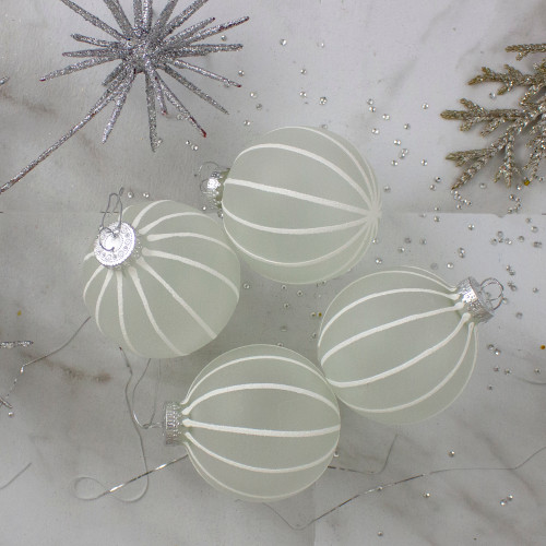 4ct Clear Frosted and White Glitter Striped Matte Glass Christmas Ball Ornaments 3.5" (90mm)