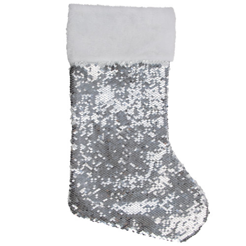 19" White and Silver Sequin Christmas Stocking With White Faux Fur Cuff