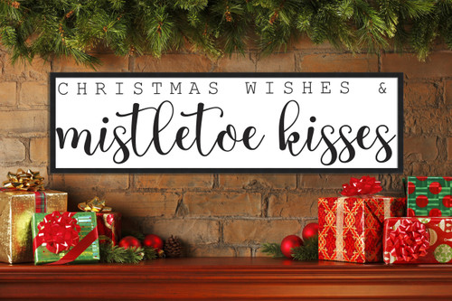 Christmas Wishes and Mistletoe Kisses 11.5" x 41.5" Framed Christmas Wall Decor  Sign Poster in a Black Wooden Frame with UV Acrylic and Hangers