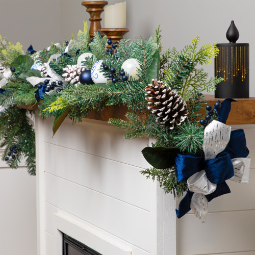 Frosted Pine with Blueberries, Bows and Ornaments Christmas Garland - 6' x 8" - Unlit