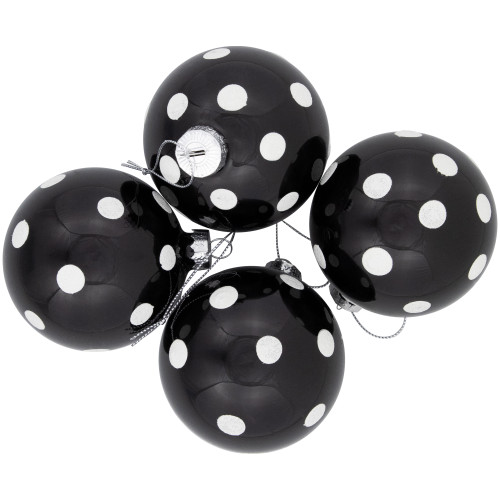 Shiny Finish Polka Dots Christmas Glass Ball Ornaments - 3" (80mm) - Black and White - Set of 4