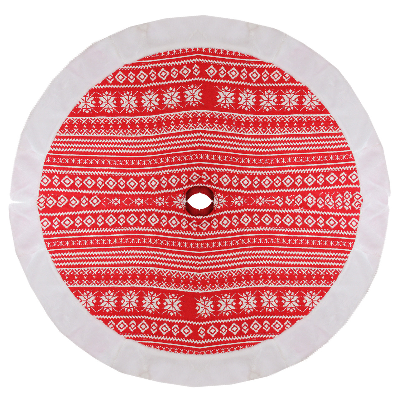 48" Red and White Knitted Snowflake Christmas Tree Skirt with Faux Fur Trim