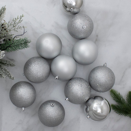 12ct Shatterproof 4-Finish Silver Splendor Christmas Ball Ornaments 4" (100mm)