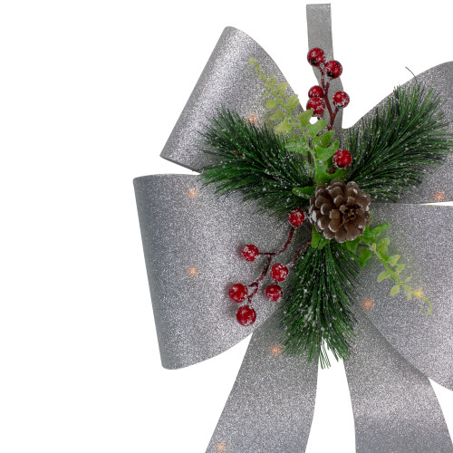 19" LED Lighted Sliver Tinsel Bow Christmas Decoration