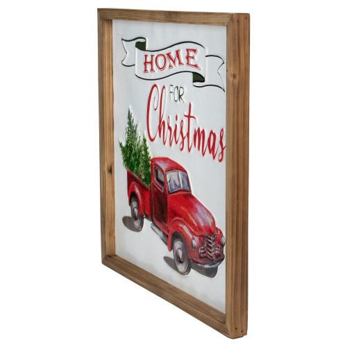 16" Red Vintage Truck With a Forest Tree "Home For Christmas" Metal With a Wooden Frame Wall Decor