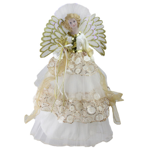 16" White and Gold Lighted Angel Sequined Gown Christmas Tree Topper
