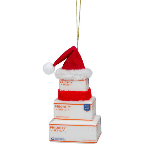 4.5" White and Red "USPS Priority Mail" Stacked Packages Santa Hat Christmas Ornament