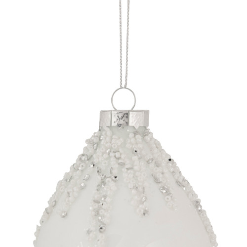 5" White Beaded and Silver Sequins Christmas Glass Finial Ornament