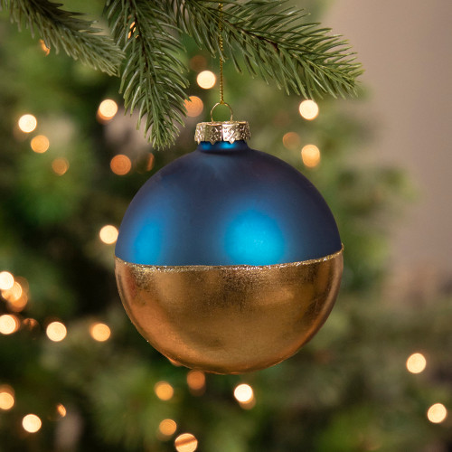 3.5" Blue and Gold Glass Ball Christmas Ornament