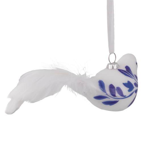 6.5" White and Blue Bird Glass Christmas Ornament