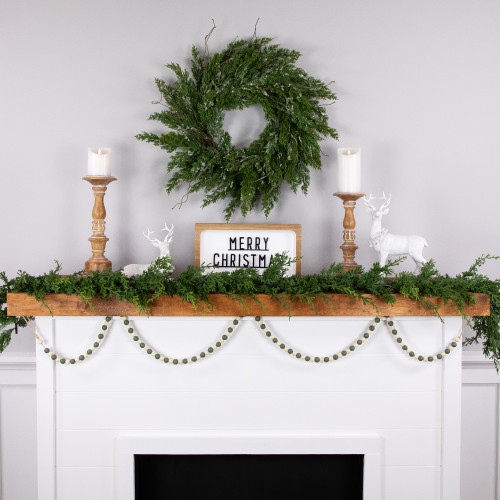 6' Green and Cream Wooden Beads Christmas Garland, Unlit