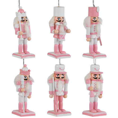 Nutcracker Soldier Christmas Ornaments - 3.25" - Pink and White - Set of 6