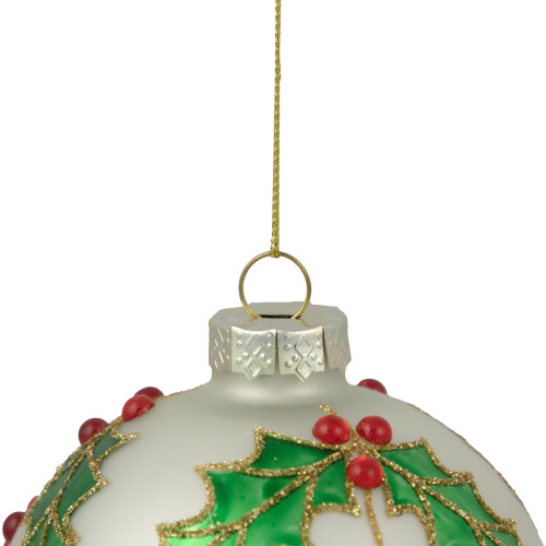 4.5" White Glass Christmas Ball Ornament with Holly Leaves