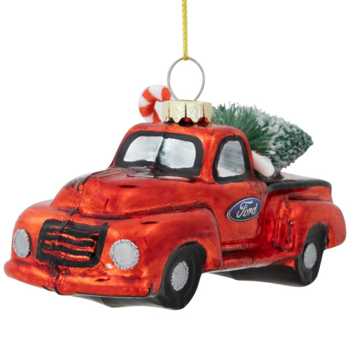4" Red Vintage Ford Truck with Frosted Tree Glass Christmas Ornament