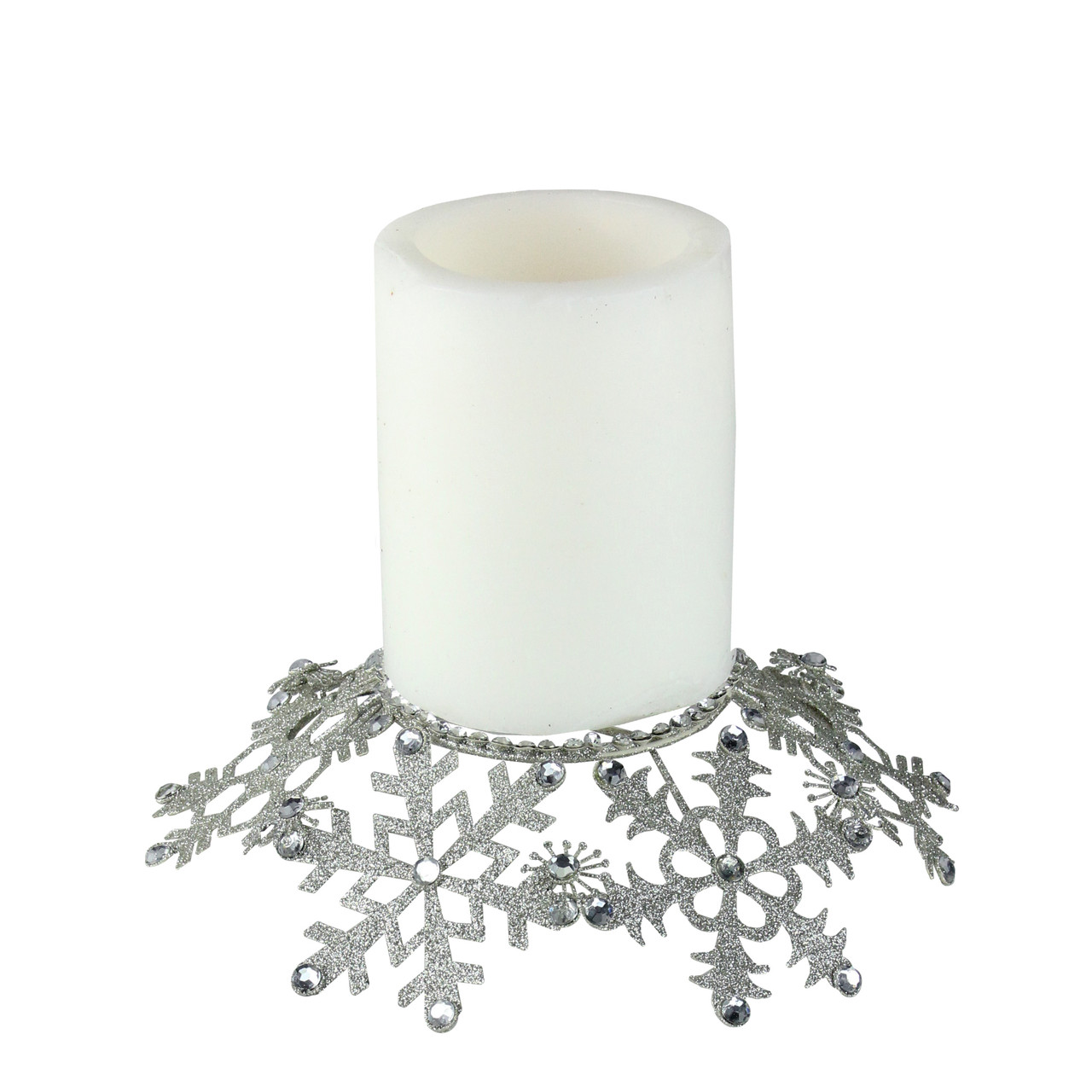 9" Silver Snowflake Glittered and Jeweled Christmas Pillar Candle Holder