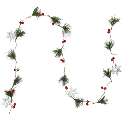 Pre-Lit B/O Pine, Berry and Snowflake Christmas Garland - 6' - Warm White LED Lights