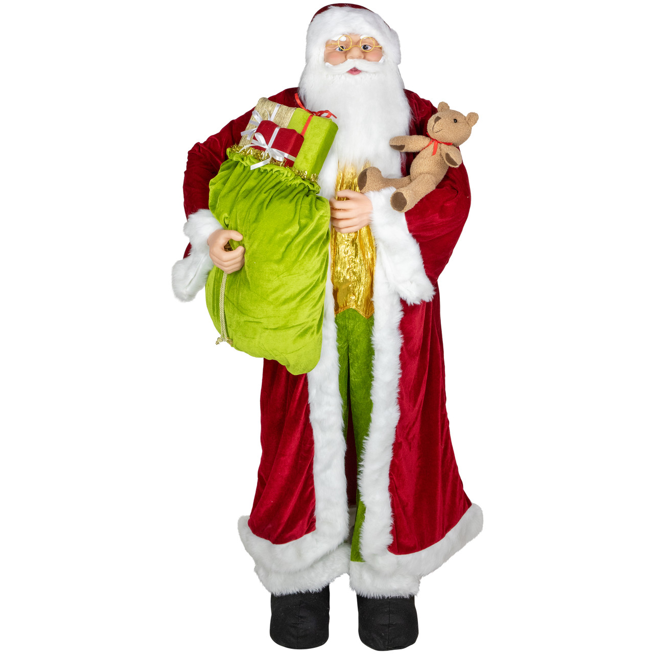 Plush Santa Claus with Teddy Bear and Gift Bag Christmas Figure - 6' - Red and Green