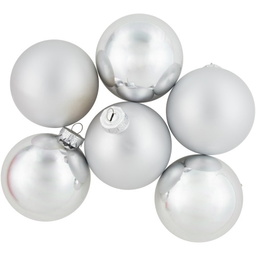 6ct Silver 2-Finish Christmas Glass Ball Ornaments 3.25"