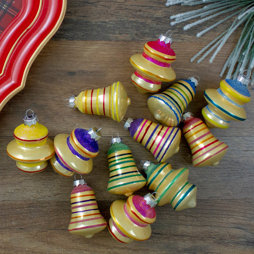 12ct Purple 2-Finish Striped Glass Christmas Finial and Bell Ornaments 2.75"