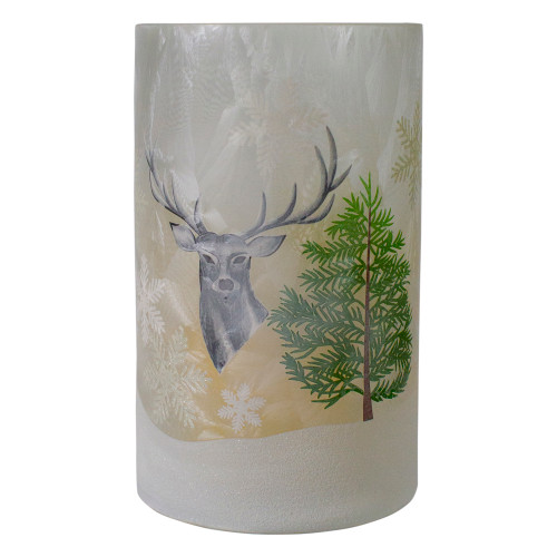 10" Deer, Pine and Snowflakes Hand Painted Flameless Glass Christmas Candle Holder