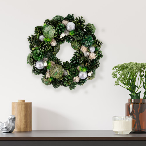 Green Pinecone and Foliage Artificial Christmas Wreath, 14-Inch, Unlit