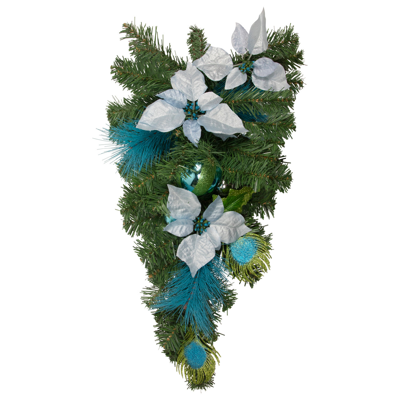 Peacock Feather and Poinsettia Artificial Christmas Teardrop Swag - 22" - Unlit