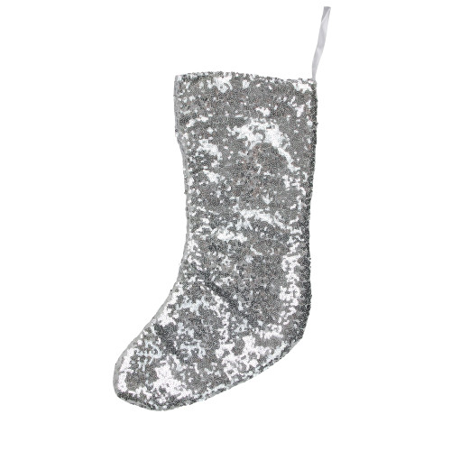 17.5" White and Silver Sequins Hanging Christmas Stocking