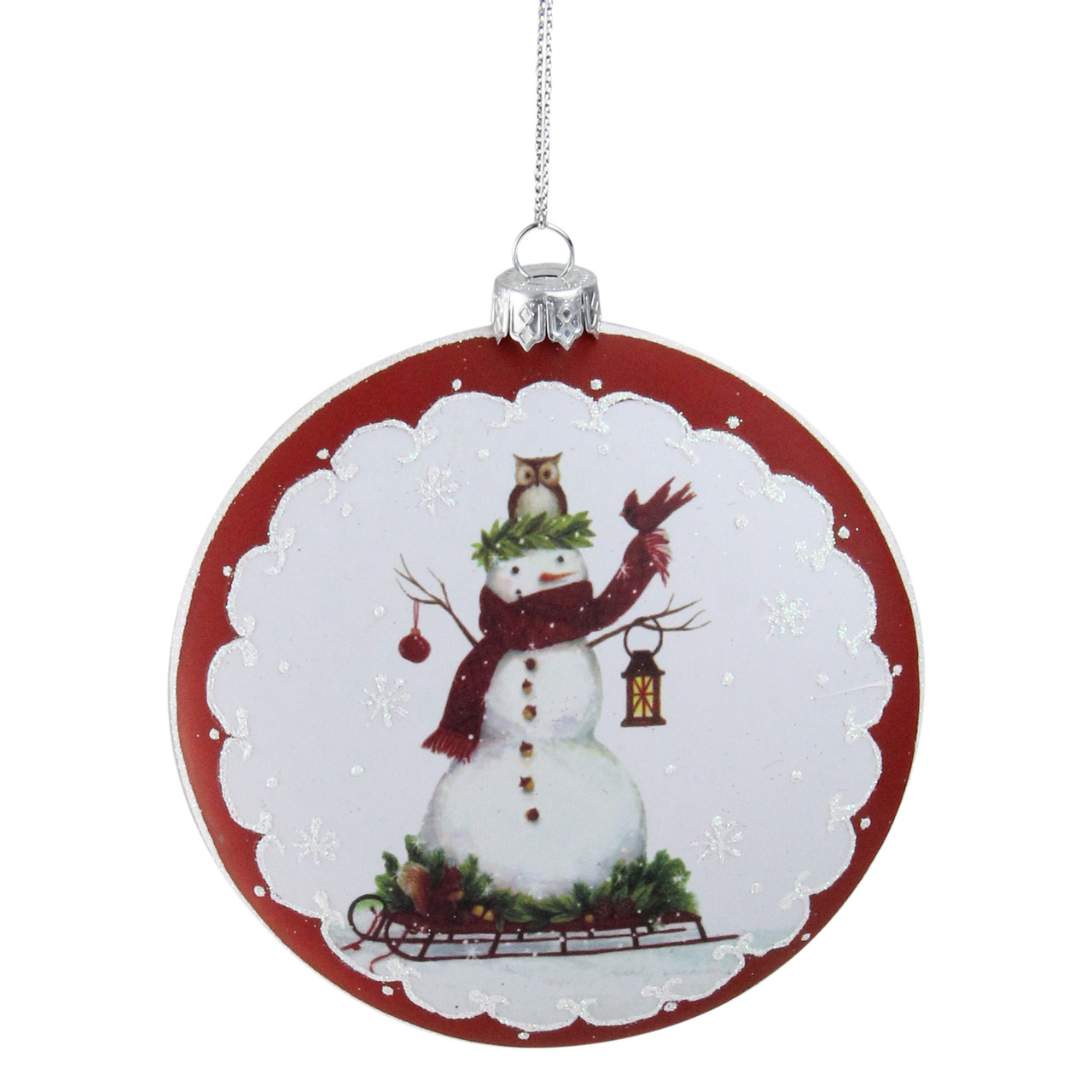 4" White and Red Snowman on Sled Christmas Ornament