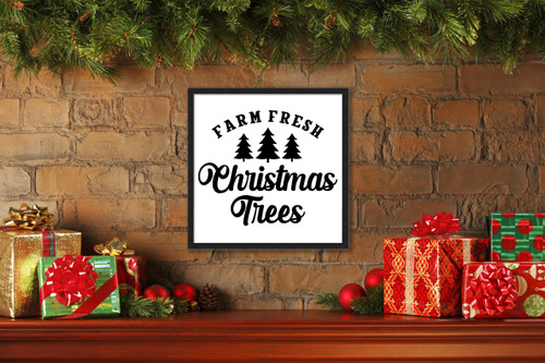 Black and White Christmas Trees 15.5" x 15.5" Framed Christmas Wall Decor Art Print Sign Poster in a Black Wooden Frame with UV Acrylic and Hangers