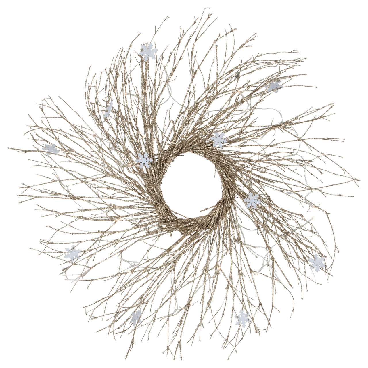 Pre-lit Glittered Twig and Snowflake Christmas Wreath - 28" - Warm White LED Lights