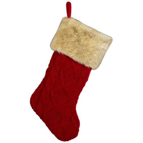 Cable Knit Christmas Stocking - 20.5" - Red and Beige
