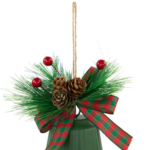 Christmas Bells with Pinecones and Plaid Bow Ornaments - 7" - Green - Set of 2