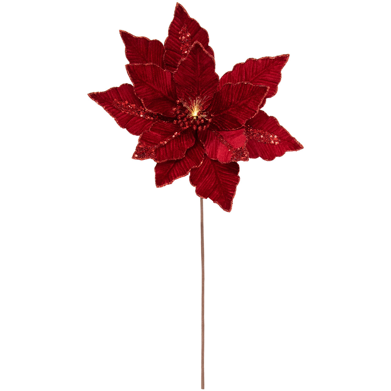 20" Lighted Red Velvet Poinsettia Christmas Stem Spray