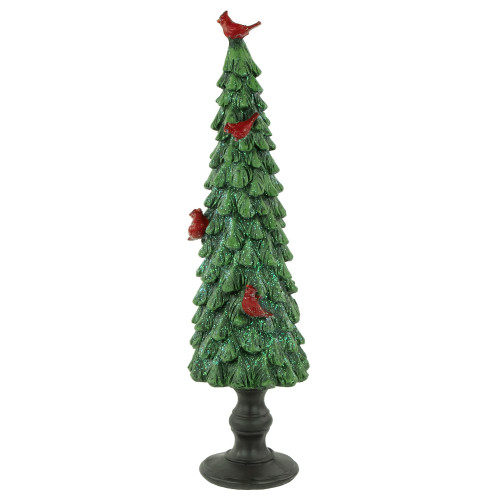 Glittered Christmas Tree with Red Cardinals Decoration - 14.5" - Green and Red