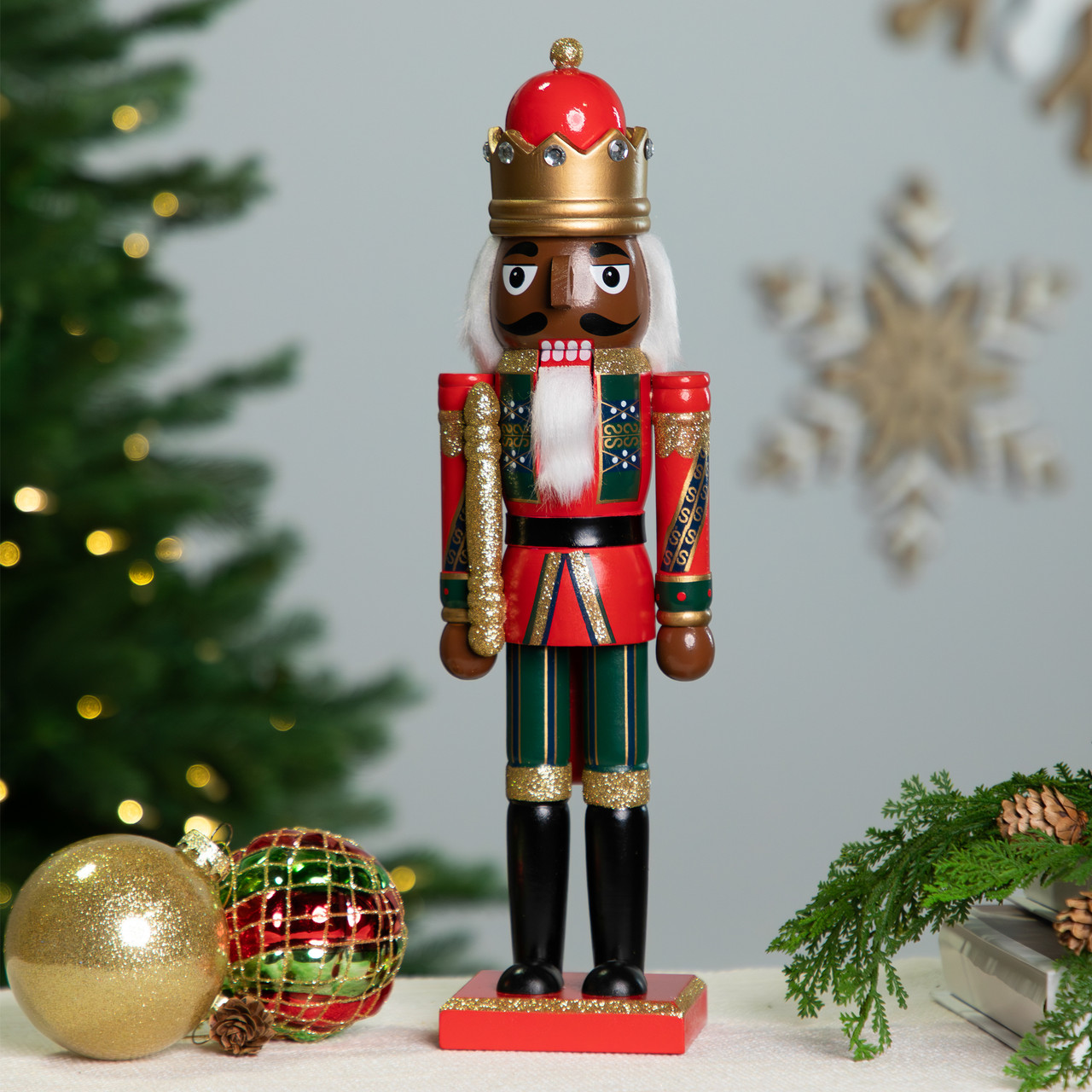 African American Nutcracker King Christmas Figure - 14.25" - Red and Green