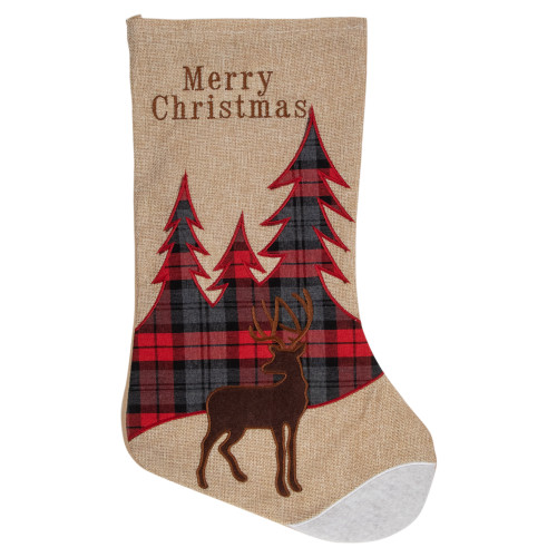 19" Beige and Red Plaid Reindeer With Forest Trees Christmas Stocking