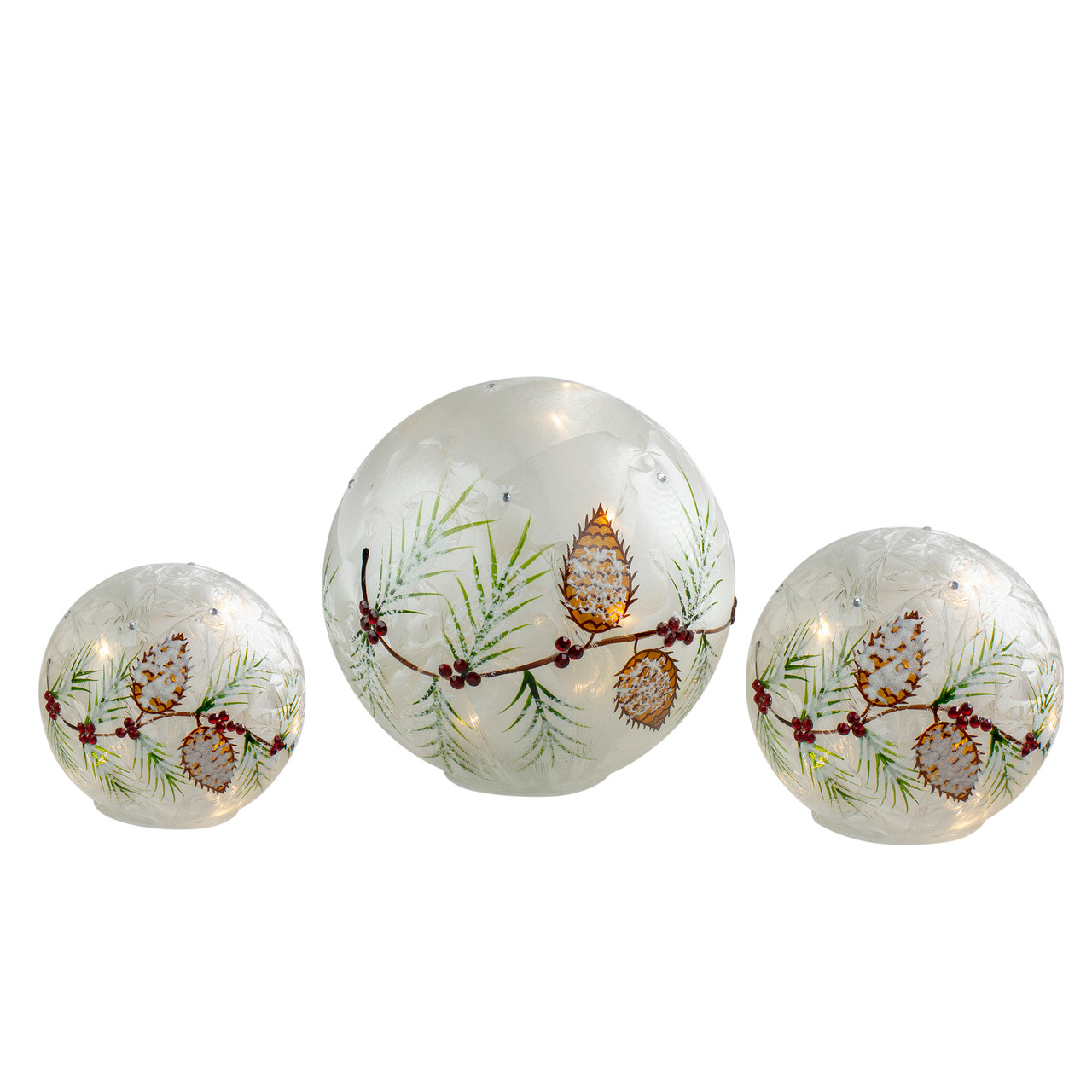 LED Lighted Snowball Glass Christmas Globes with Timer - 8" - Set of 3