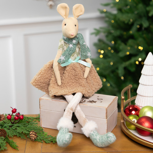 Sitting Girl Mouse in Plush Dress with Dangling Legs Christmas Figure - 18"