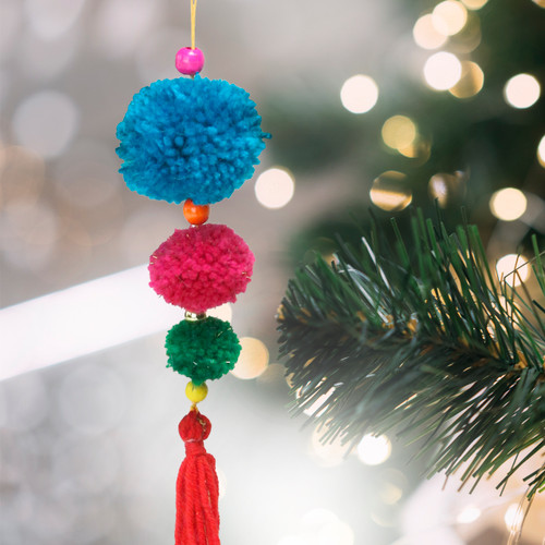 10.25" Sky Blue and Pink Pom-pom Hanging Christmas Ornament