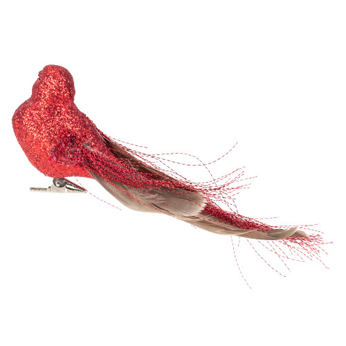 Glittered Bird with Feather Tail Christmas Clip Ornament - 7" - Red