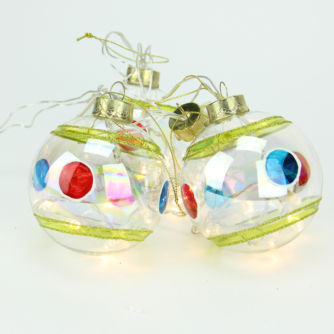 Set of 4 Clear Battery Operated LED Lighted Stripe and Dot lass Christmas Ball Ornaments 3.25" (80mm)