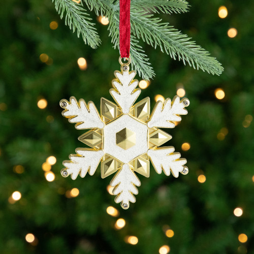 3.5" White Brass-Plated Snowflake Christmas Ornament with European Crystals
