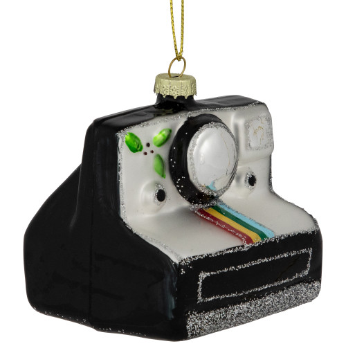 3" Black and Silver Retro Instant Camera Glass Christmas Ornament